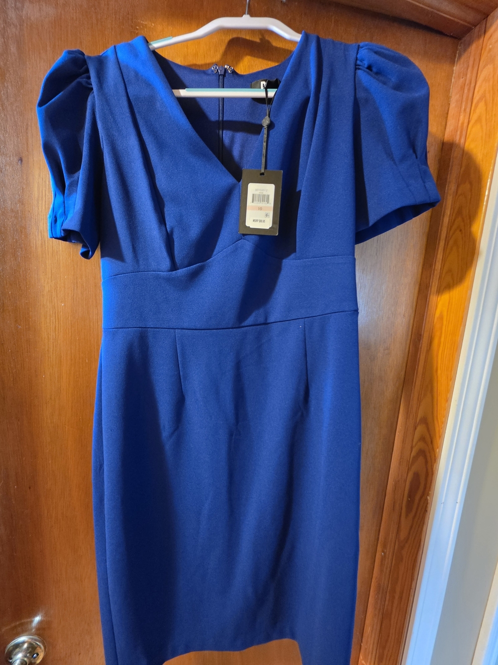 DKNY Royal Blue Puff-Sleeve V-Neck Dress